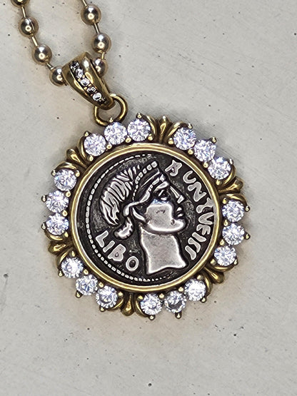 Antique Greek Drachma Coin Replica on 18" Gold Ball Chain - Mixed Metal Coin Necklace