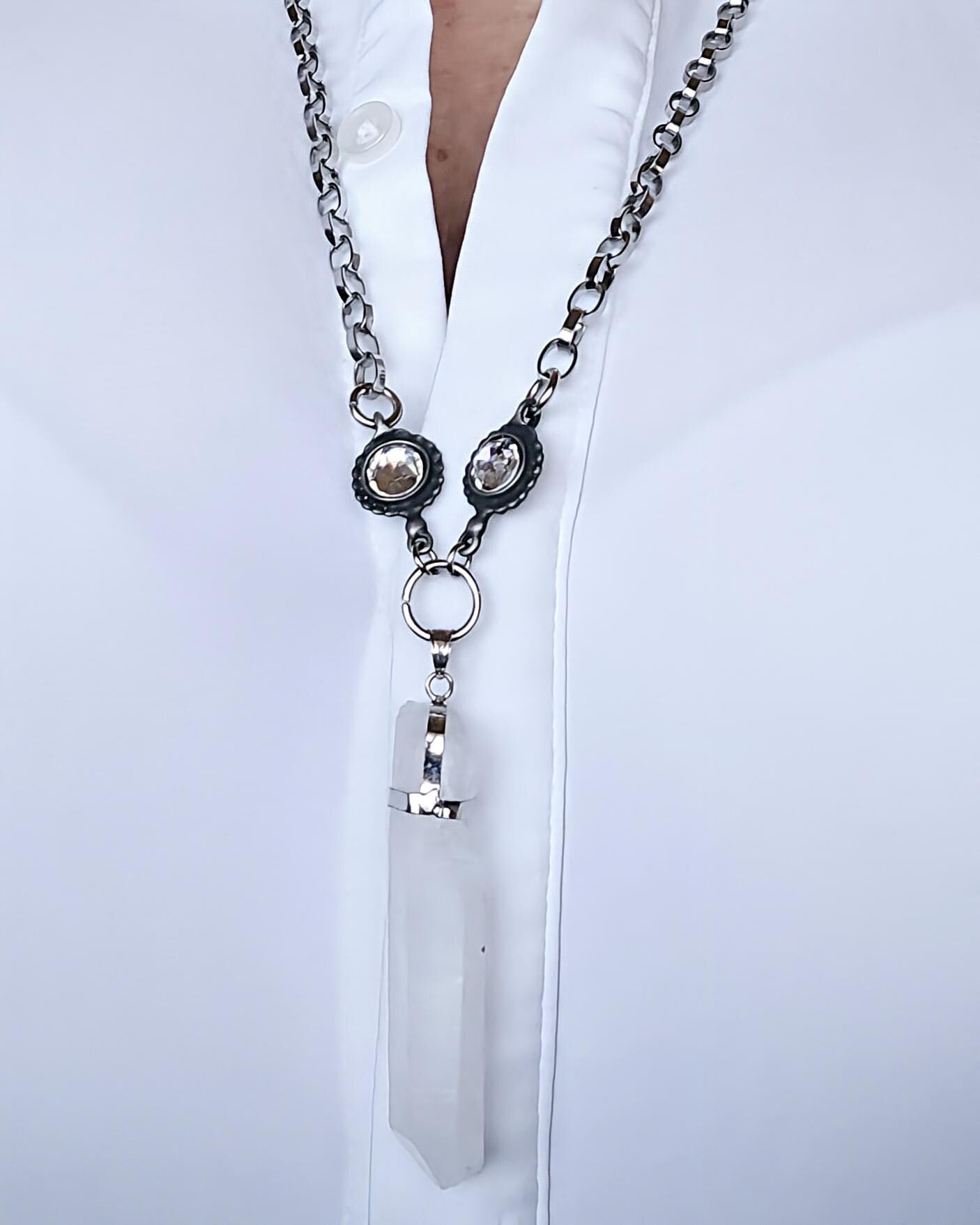 Quartz Pendant Necklace - Long Silver Chain with genuine quartz and large Swarovski Crystal Connectors- Long Boho Statement Necklace