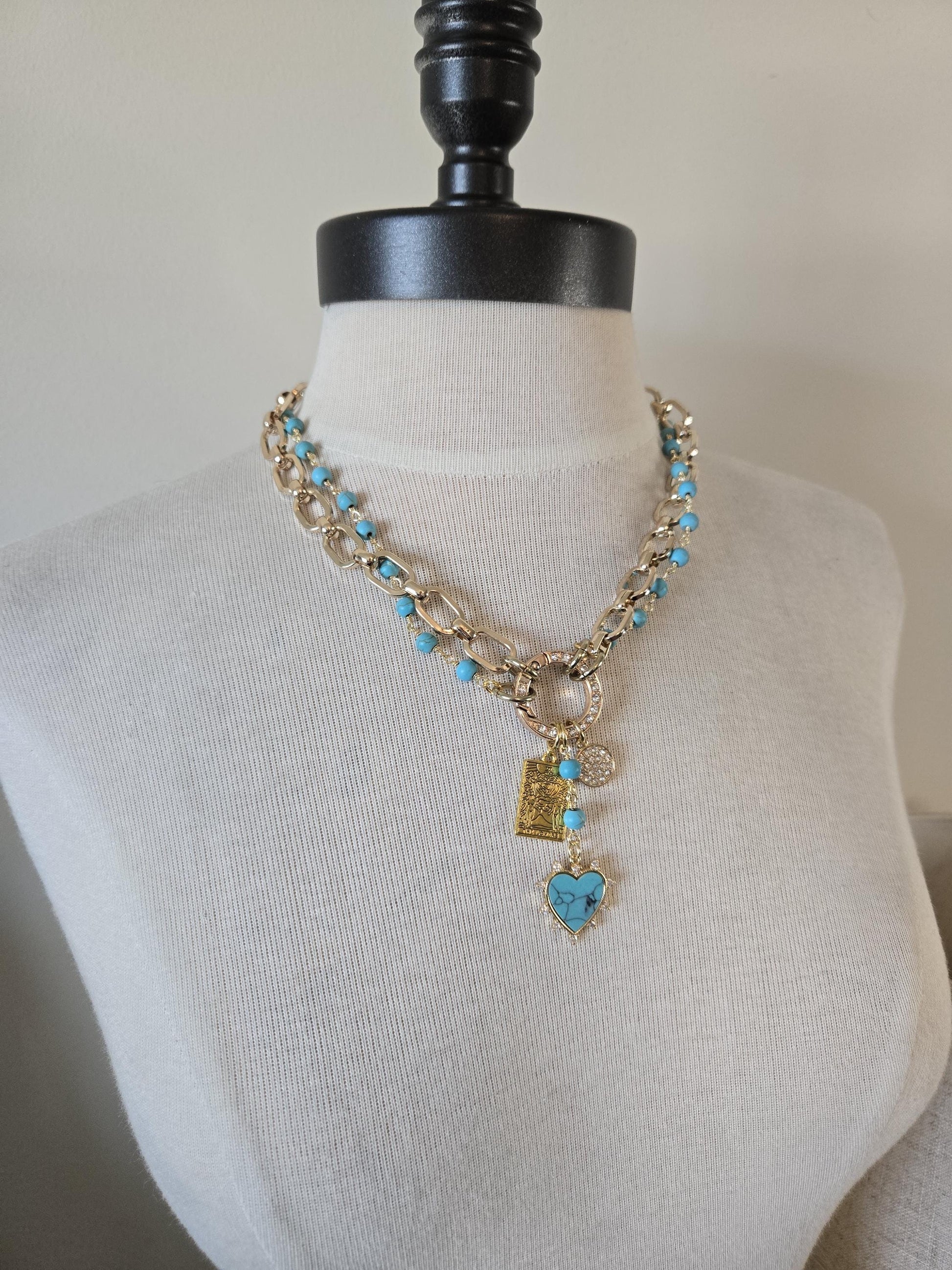 Gold Charm Holder Necklace- Genuine Turquoise Necklace, Gold and Turquoise Jewelry