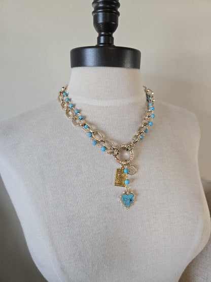 Gold Charm Holder Necklace- Genuine Turquoise Necklace, Gold and Turquoise Jewelry