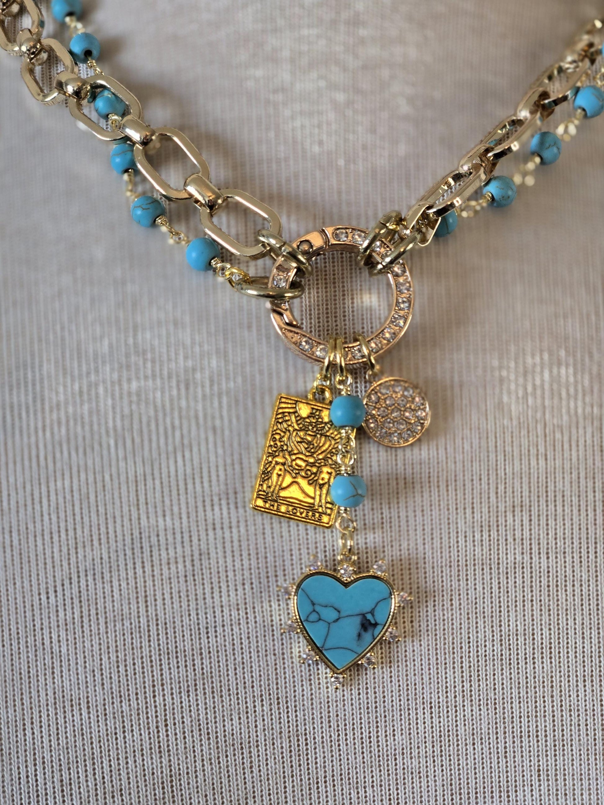 Gold Charm Holder Necklace- Genuine Turquoise Necklace, Gold and Turquoise Jewelry