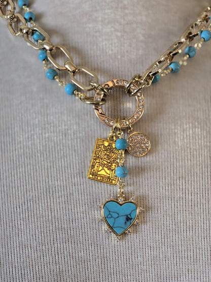 Gold Charm Holder Necklace- Genuine Turquoise Necklace, Gold and Turquoise Jewelry