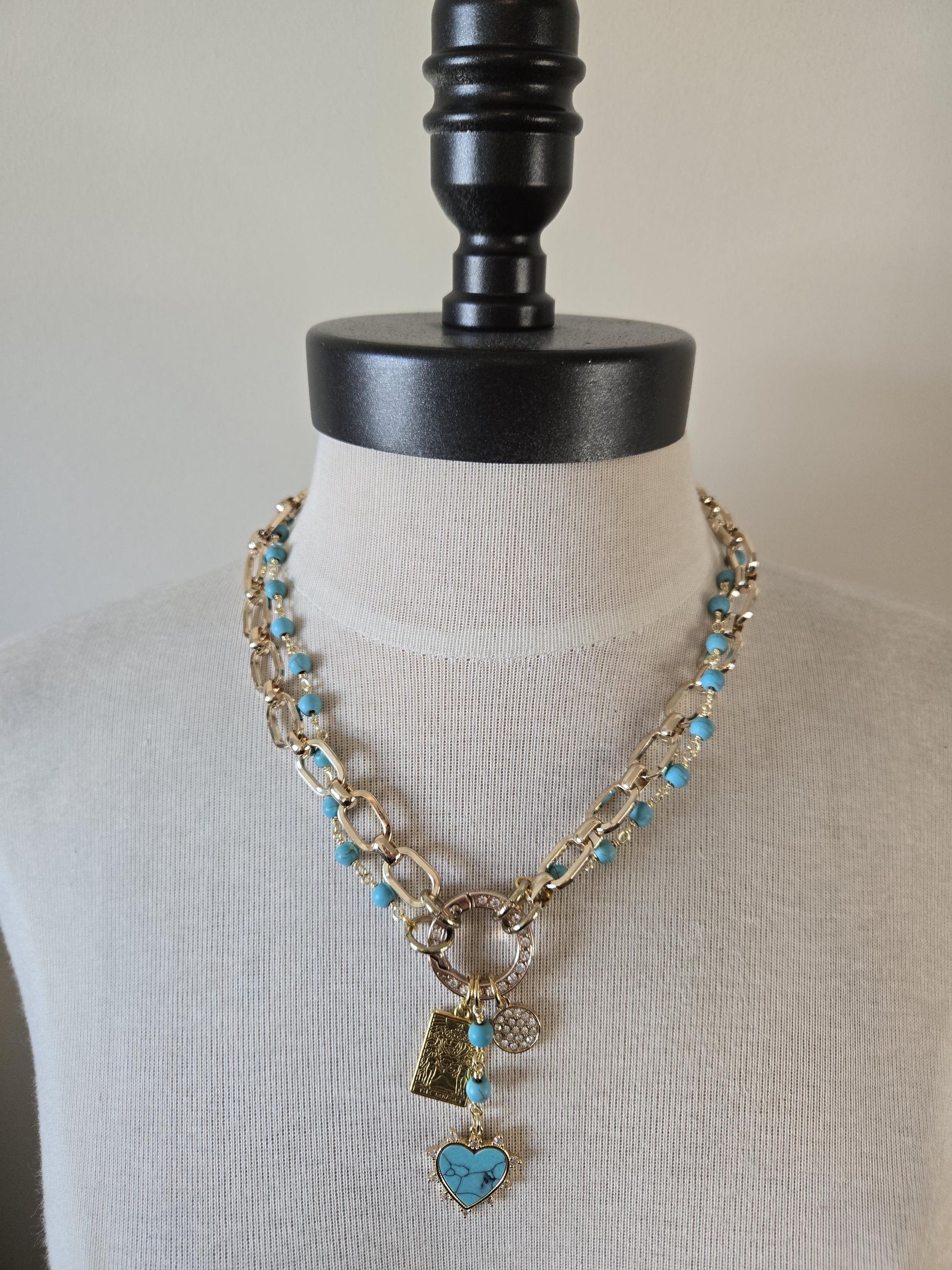 Gold Charm Holder Necklace- Genuine Turquoise Necklace, Gold and Turquoise Jewelry