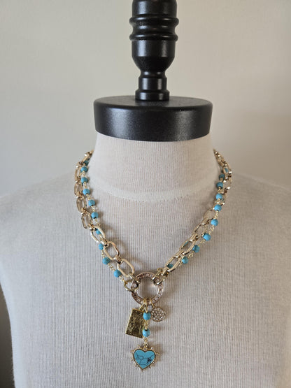Gold Charm Holder Necklace- Genuine Turquoise Necklace, Gold and Turquoise Jewelry
