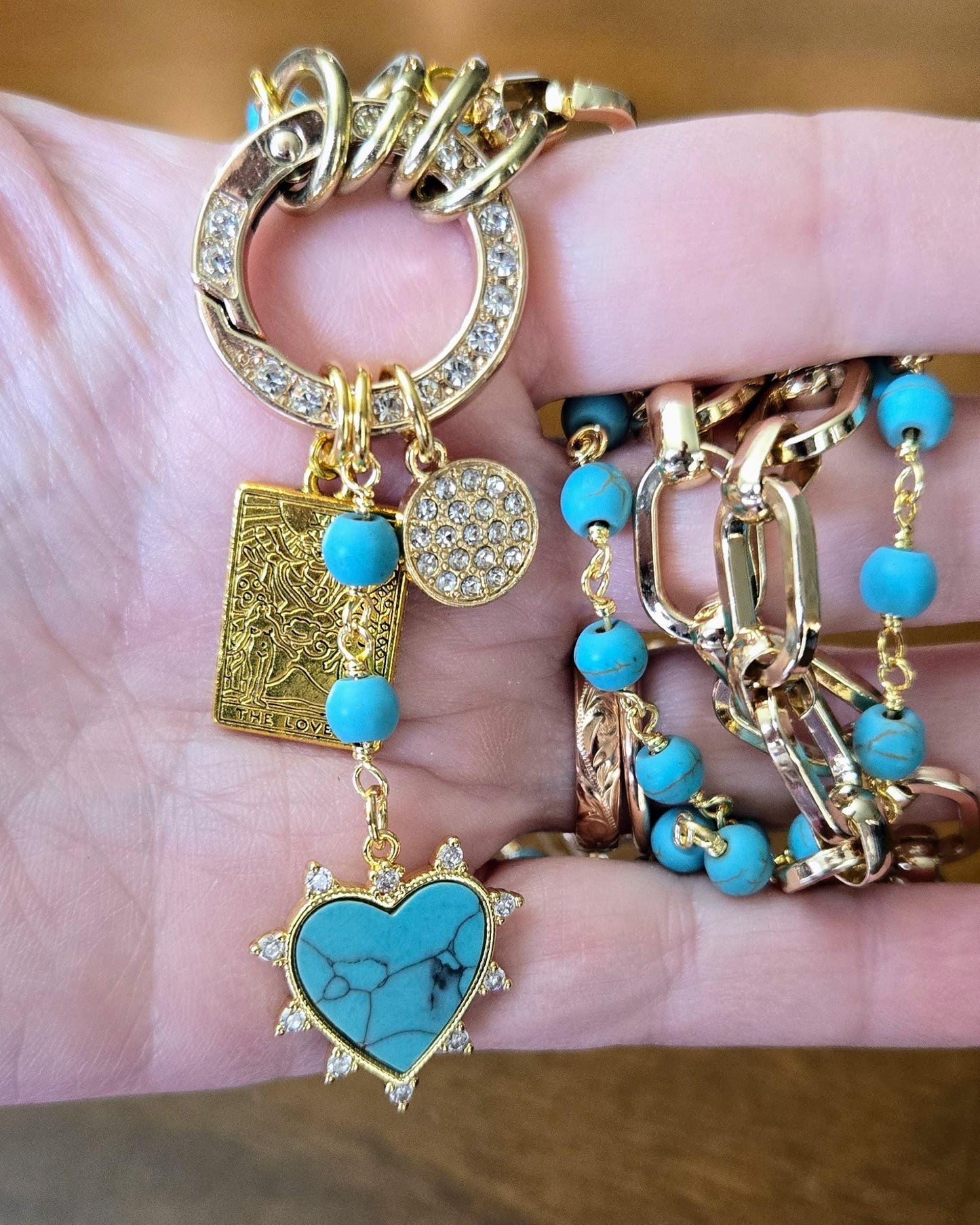 Gold Charm Holder Necklace- Genuine Turquoise Necklace, Gold and Turquoise Jewelry