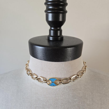 Chunky Gold Turquoise Choker Necklace: 14k Gold Plated Brass, Inlaid Tab Connector