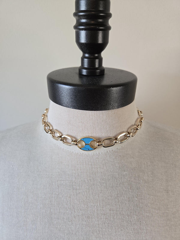 Gold Choker with inlaid Turquoise Tab Focal- Chunky Gold and Turquoise Choker Necklace, Gold and Turquoise Jewelry, Layering Necklace