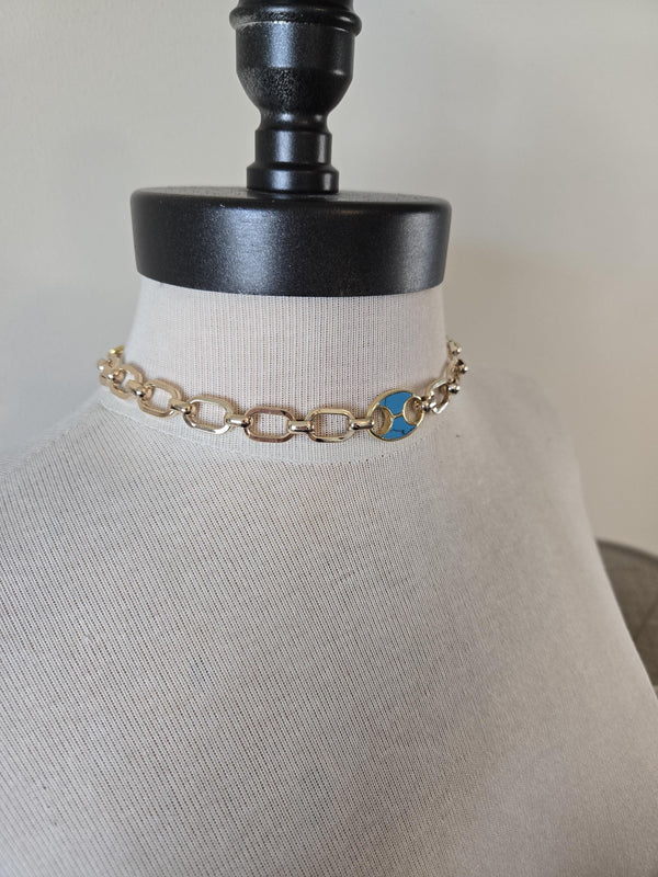 Gold Choker with inlaid Turquoise Tab Focal- Chunky Gold and Turquoise Choker Necklace, Gold and Turquoise Jewelry, Layering Necklace