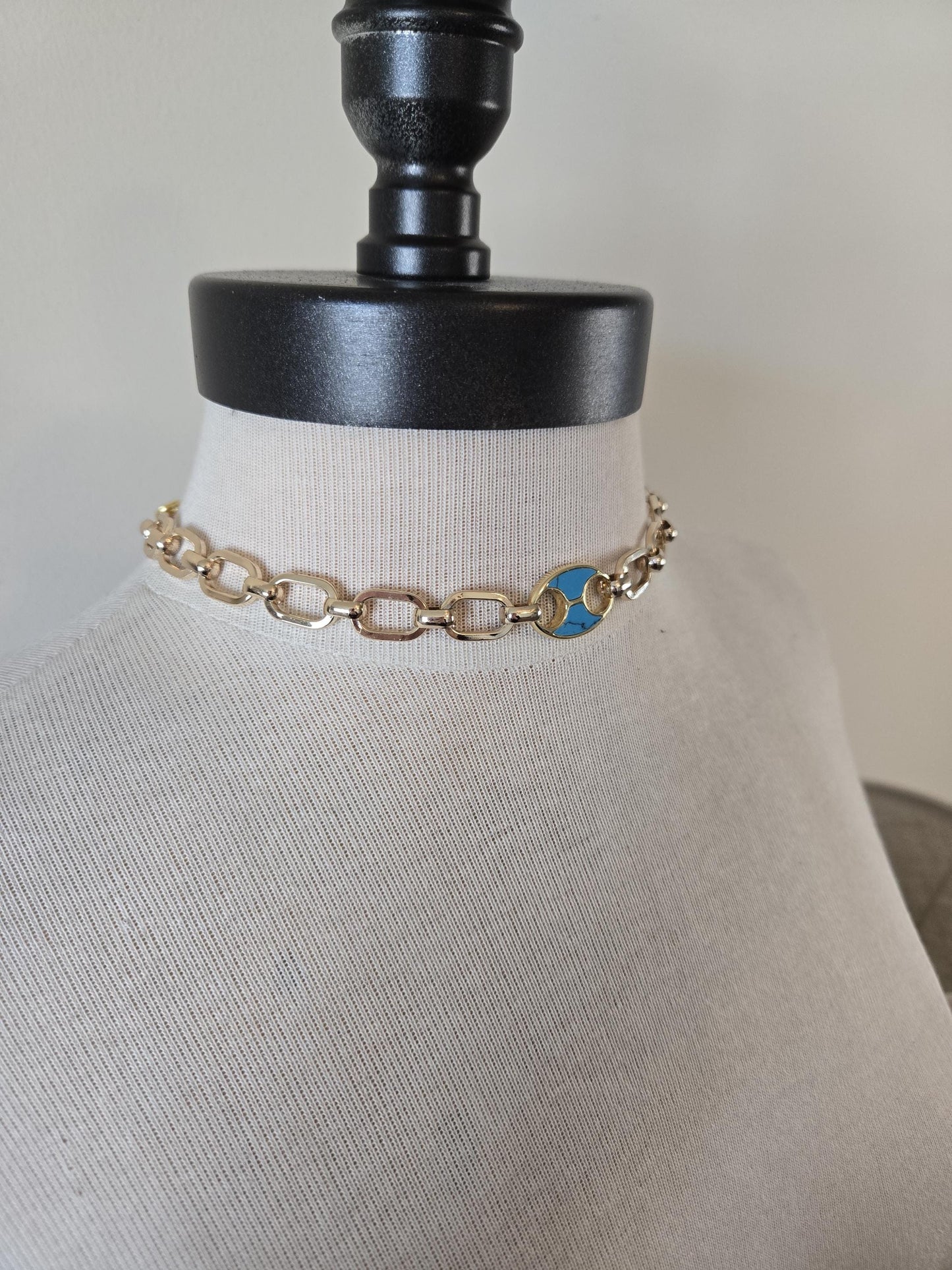 Gold Choker with inlaid Turquoise Tab Focal- Chunky Gold and Turquoise Choker Necklace, Gold and Turquoise Jewelry, Layering Necklace