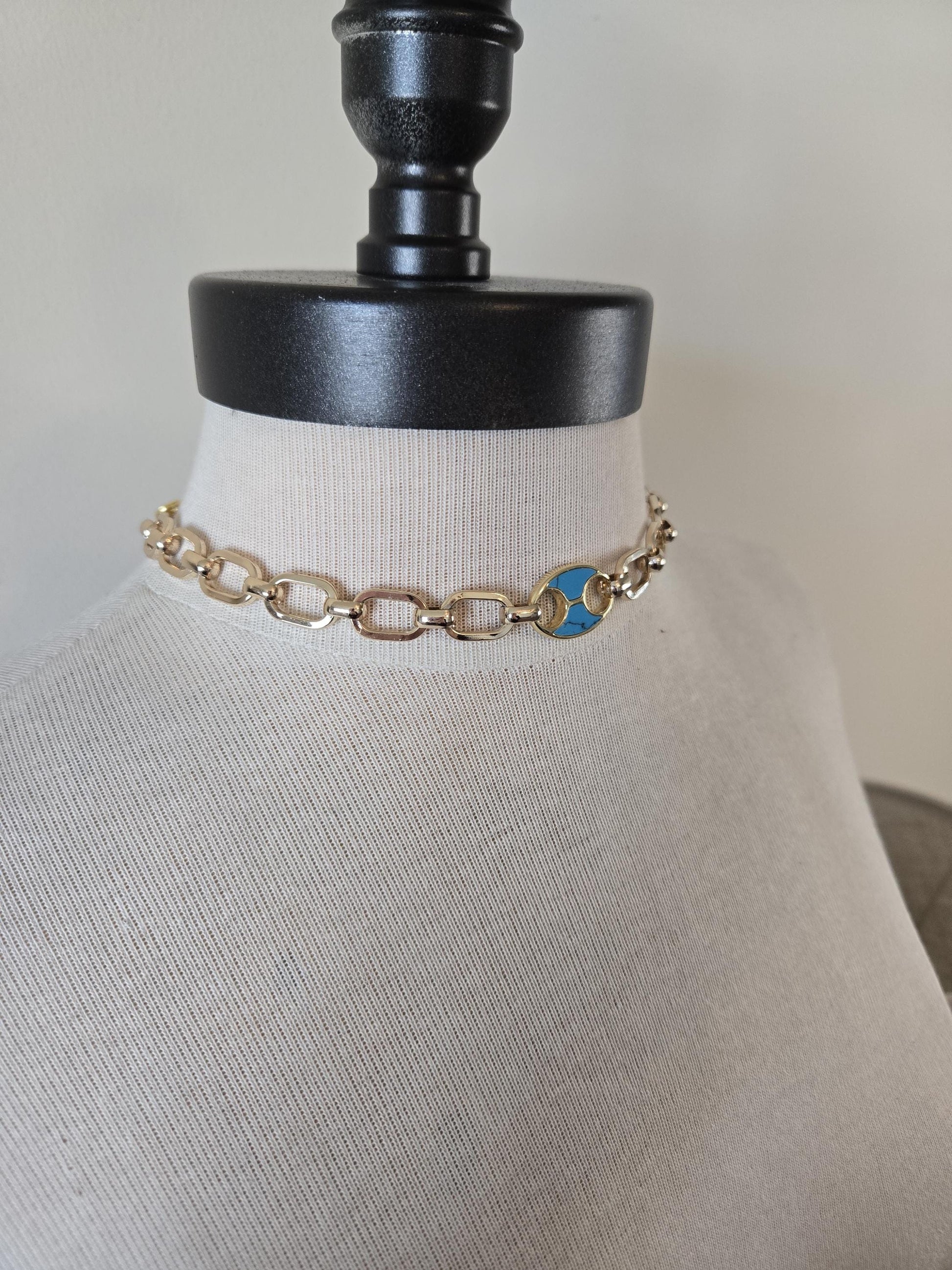Gold Choker with inlaid Turquoise Tab Focal- Chunky Gold and Turquoise Choker Necklace, Gold and Turquoise Jewelry, Layering Necklace