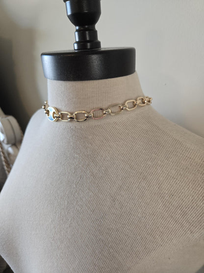 Gold Choker with inlaid Turquoise Tab Focal- Chunky Gold and Turquoise Choker Necklace, Gold and Turquoise Jewelry, Layering Necklace