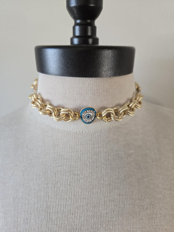 Gold Choker with Enamel Turquoise Evil Eye Connectors- Chunky Gold and Turquoise Choker- Gold and Turquoise Jewelry, Layering Necklace