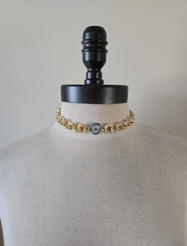 Gold Choker with Enamel Turquoise Evil Eye Connectors- Chunky Gold and Turquoise Choker- Gold and Turquoise Jewelry, Layering Necklace