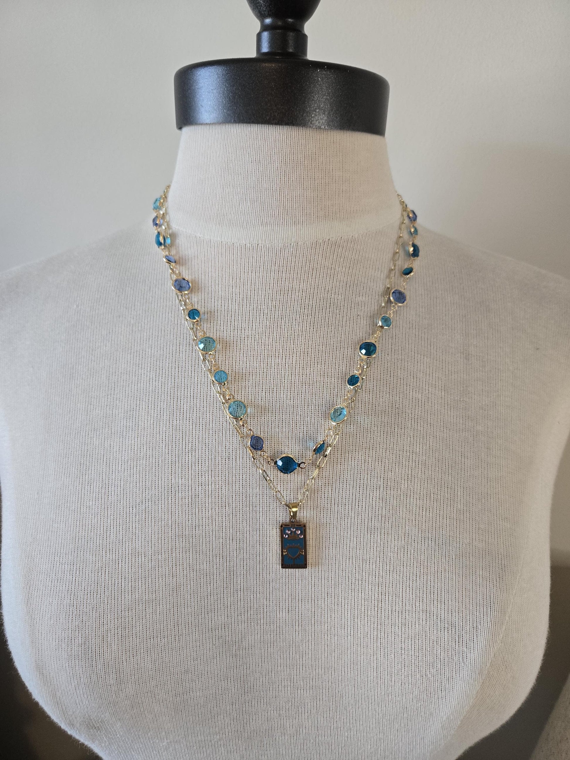 Gold Charm Necklace with Crystals - Gold and Turquoise, Tarot Card Necklace, Gold and Turquoise Jewelry
