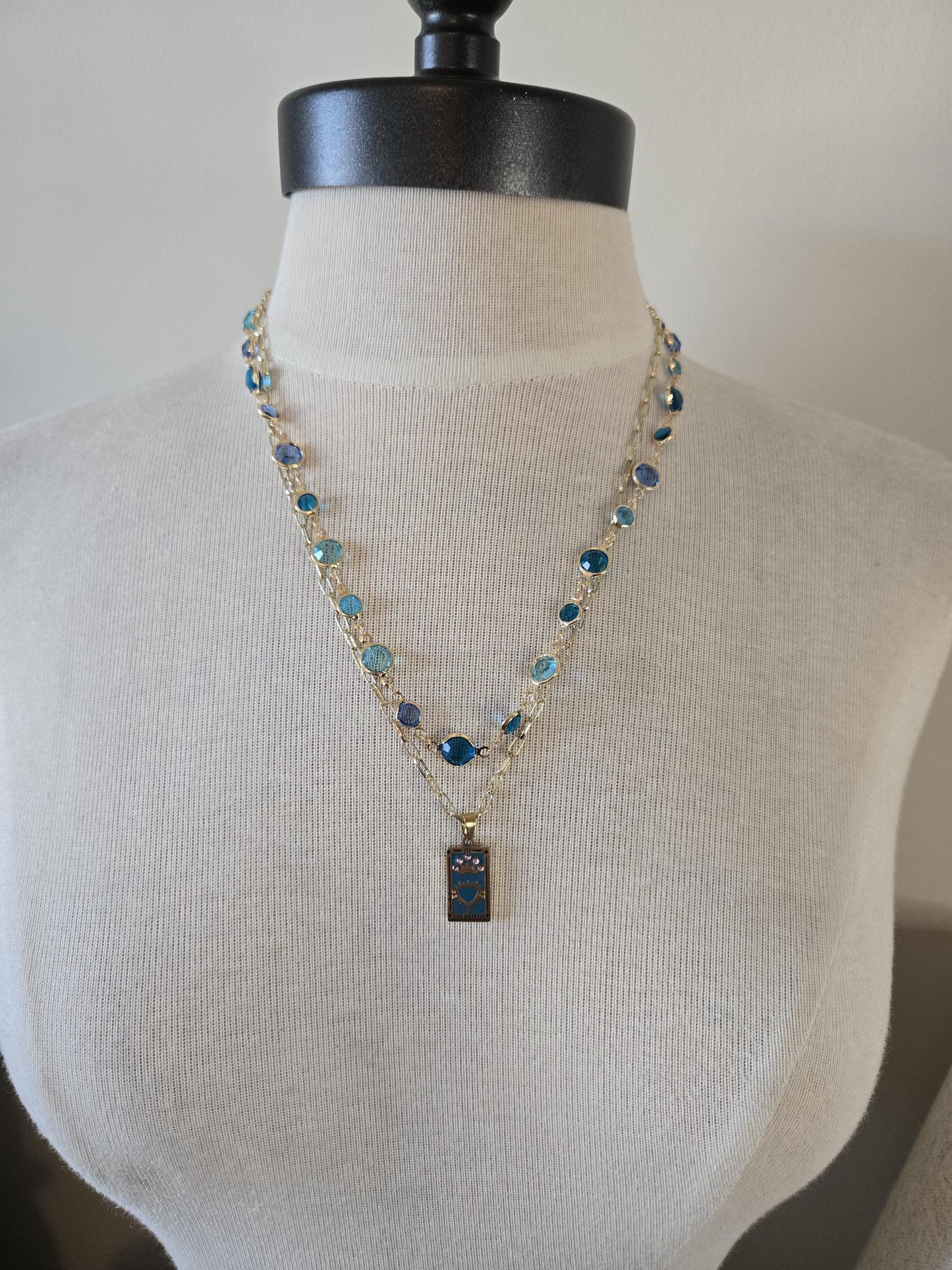 Gold Charm Necklace with Crystals - Gold and Turquoise, Tarot Card Necklace, Gold and Turquoise Jewelry