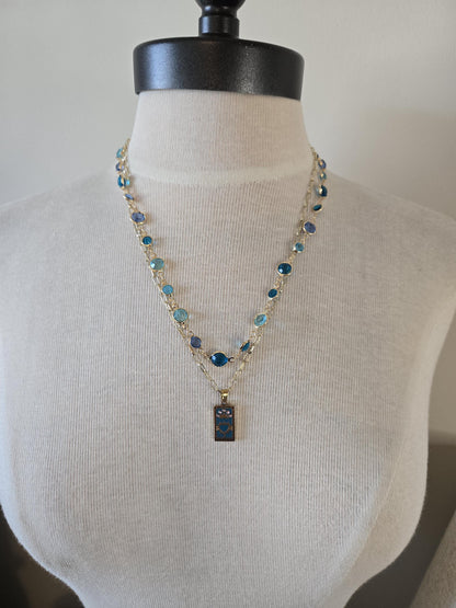 Gold Charm Necklace with Crystals - Gold and Turquoise, Tarot Card Necklace, Gold and Turquoise Jewelry