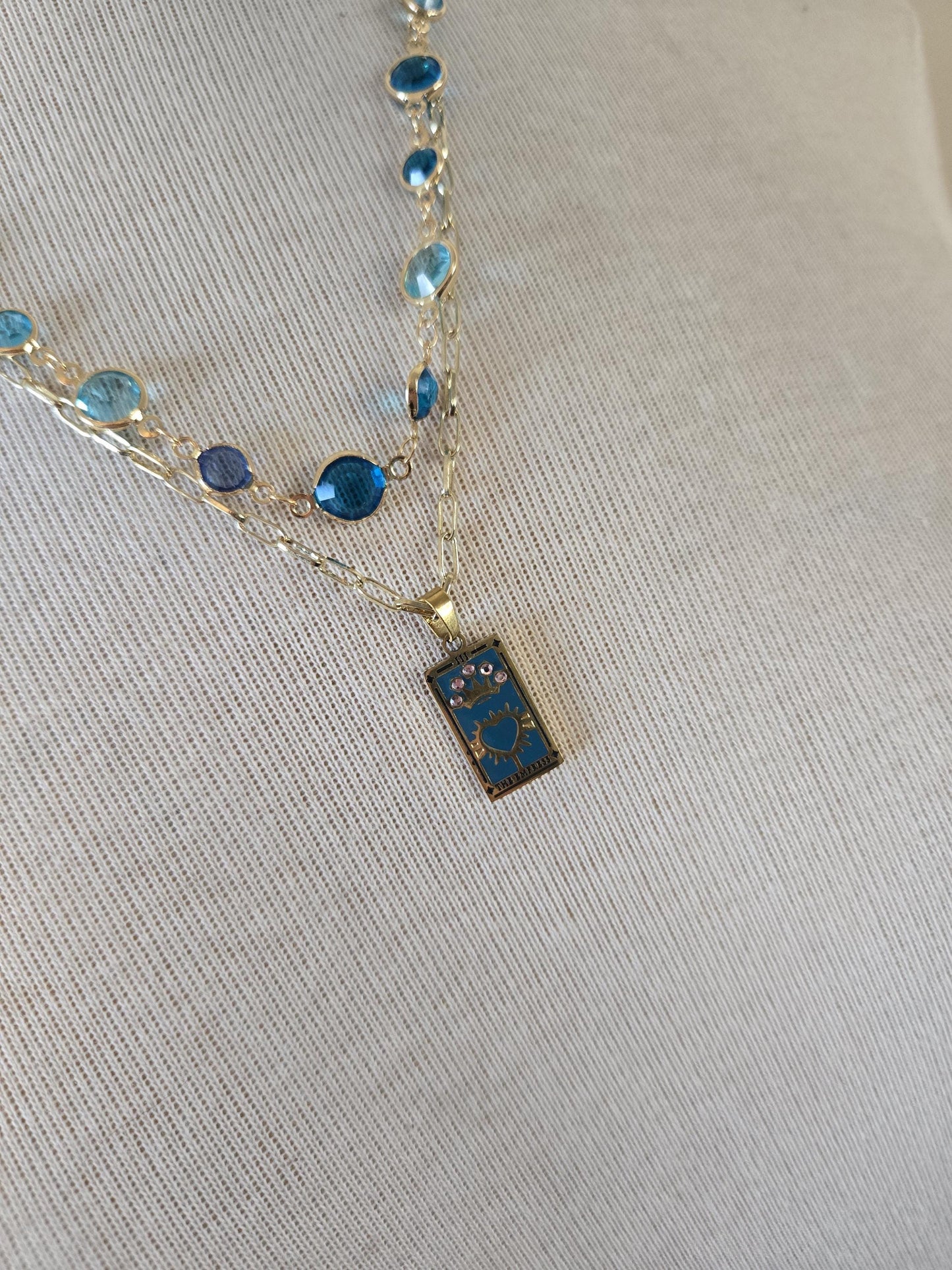 Gold Charm Necklace with Crystals - Gold and Turquoise, Tarot Card Necklace, Gold and Turquoise Jewelry