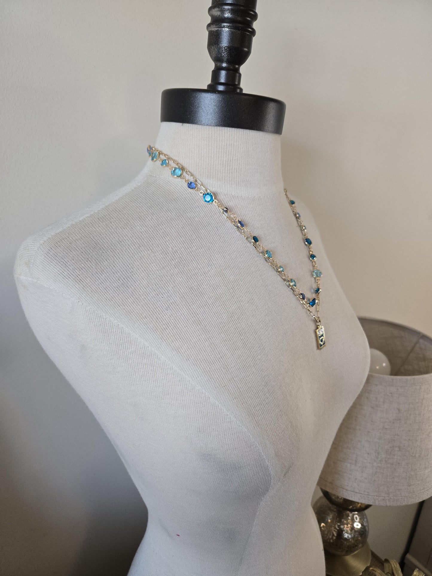 Gold Charm Necklace with Crystals - Gold and Turquoise, Tarot Card Necklace, Gold and Turquoise Jewelry