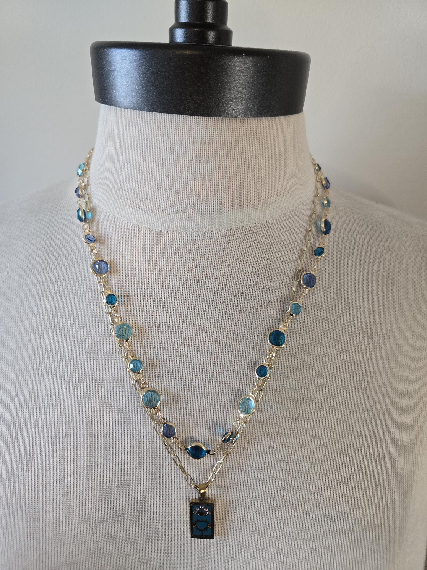 Gold Tarot Card Necklace: Turquoise Crystal Double Strand