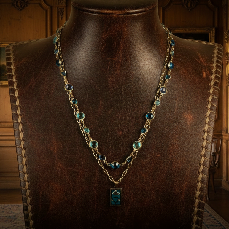 Gold Tarot Card Necklace: Turquoise Crystal Double Strand