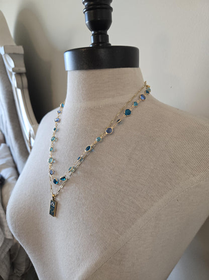 Gold Charm Necklace with Crystals - Gold and Turquoise, Tarot Card Necklace, Gold and Turquoise Jewelry