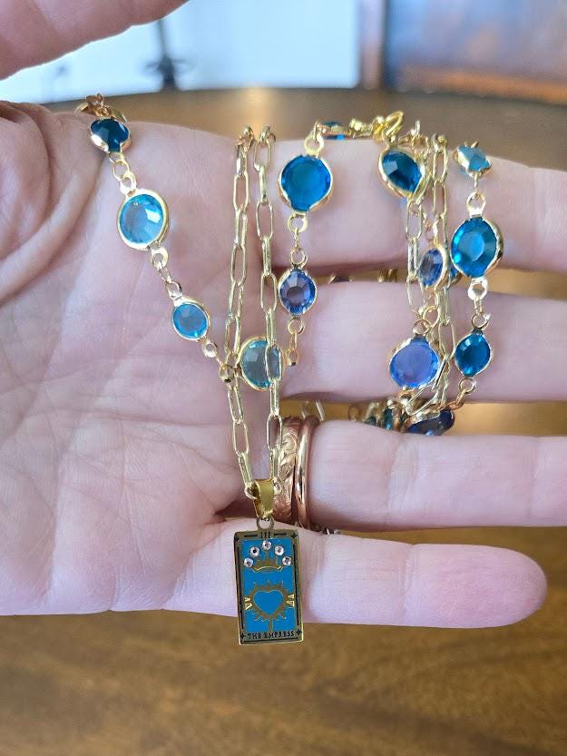 Gold Charm Necklace with Crystals - Gold and Turquoise, Tarot Card Necklace, Gold and Turquoise Jewelry