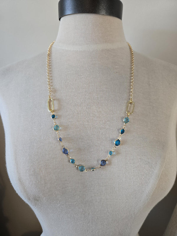 Gold Necklace with Blue Crystals - Gold and Turquoise, Layering Necklace, Gold and Turquoise Jewelry