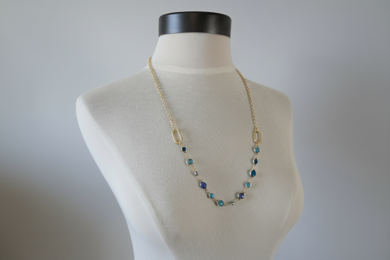 Gold Necklace with Blue Crystals - Gold and Turquoise, Layering Necklace, Gold and Turquoise Jewelry