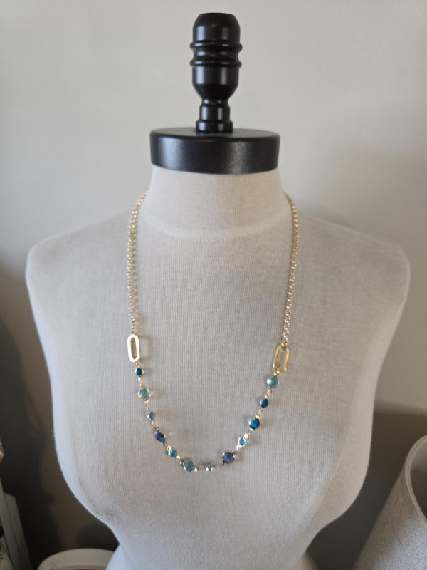 Gold Necklace with Blue Crystals - Gold and Turquoise, Layering Necklace, Gold and Turquoise Jewelry