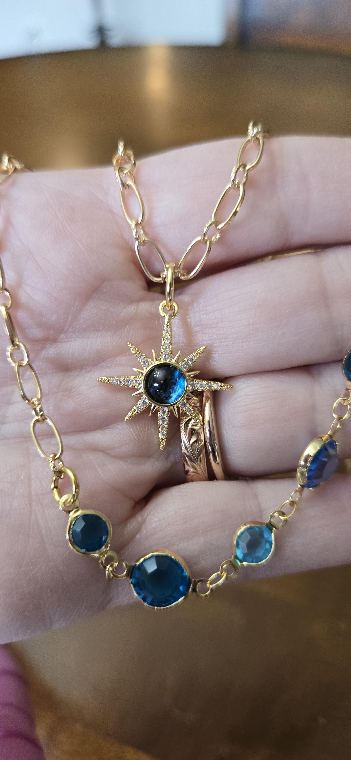 Gold Starburst Charm Necklace: Turquoise Crystal Double Strand