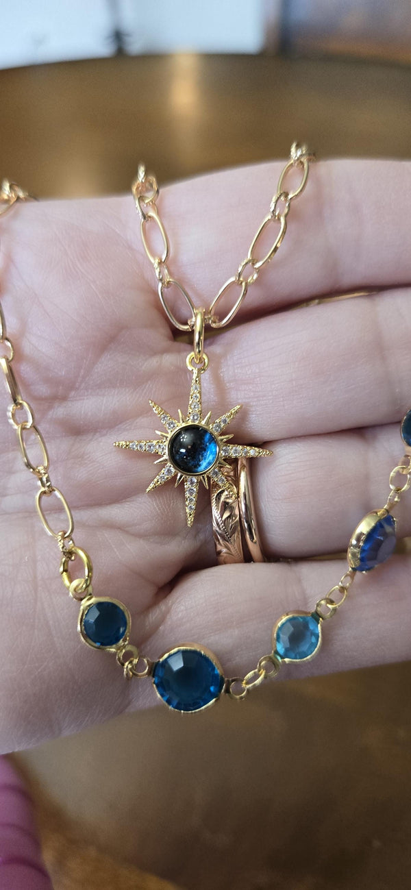 Gold Starburst Charm Necklace: Turquoise Crystal Double Strand