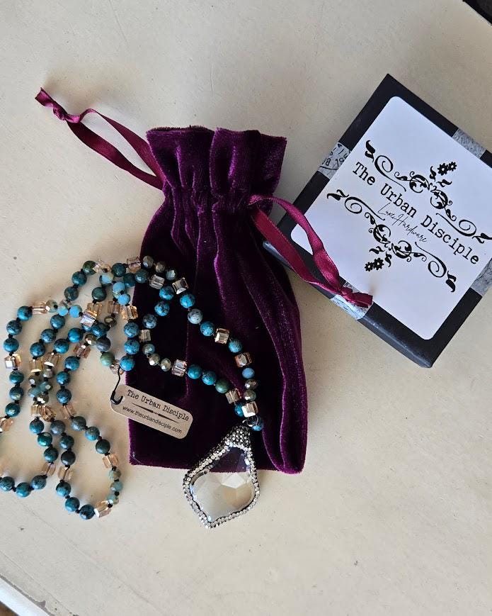 Natural Turquoise Beaded Necklace with Crystal Drop Pendant - Artisan Hand-Knotted Gemstone Jewelry
