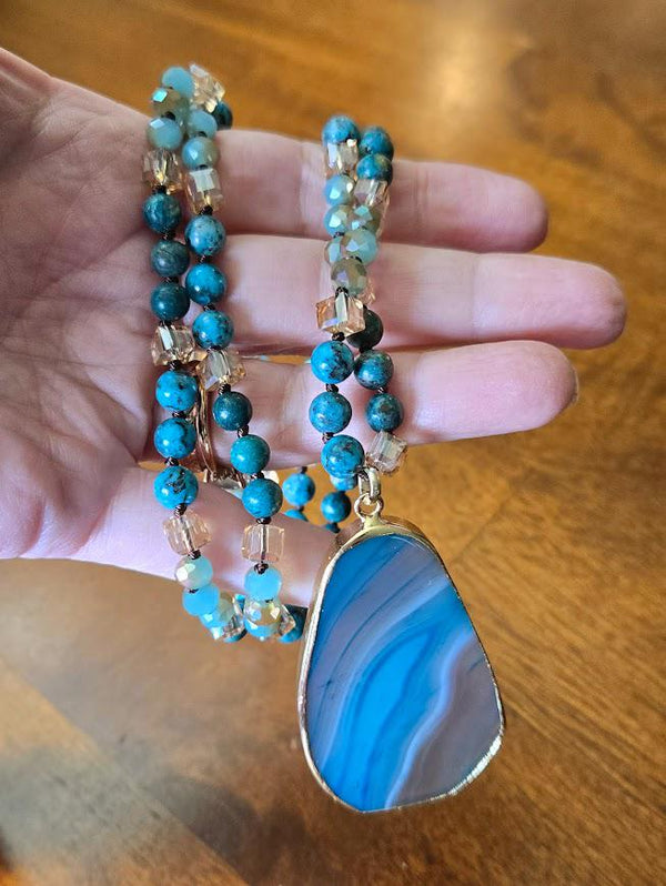 Natural Blue Jasper Beaded Necklace with Sea Glass Drop Pendant - Artisan Hand-Knotted Gemstone Jewelry