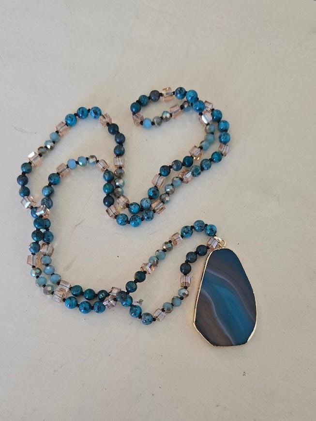 Natural Blue Jasper Beaded Necklace with Sea Glass Drop Pendant - Artisan Hand-Knotted Gemstone Jewelry