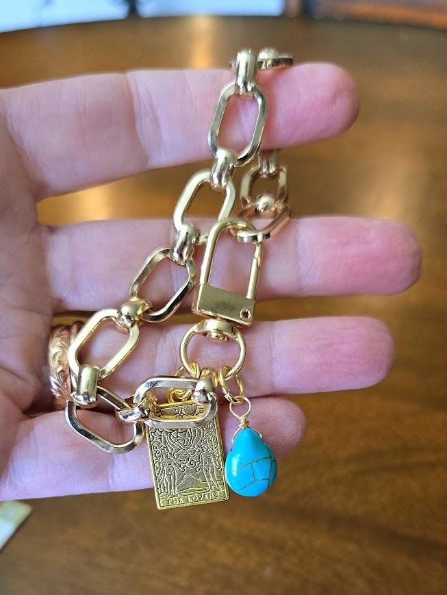 Gold Charm Bracelet- Customized Jewelry - Layering Bracelet, Matching Necklace and Bracelet- Turquoise Charm and Tarot Card Charm