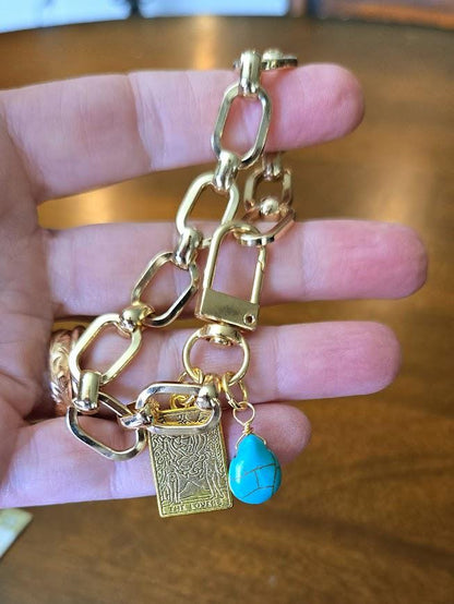 Gold Charm Bracelet- Customized Jewelry - Layering Bracelet, Matching Necklace and Bracelet- Turquoise Charm and Tarot Card Charm