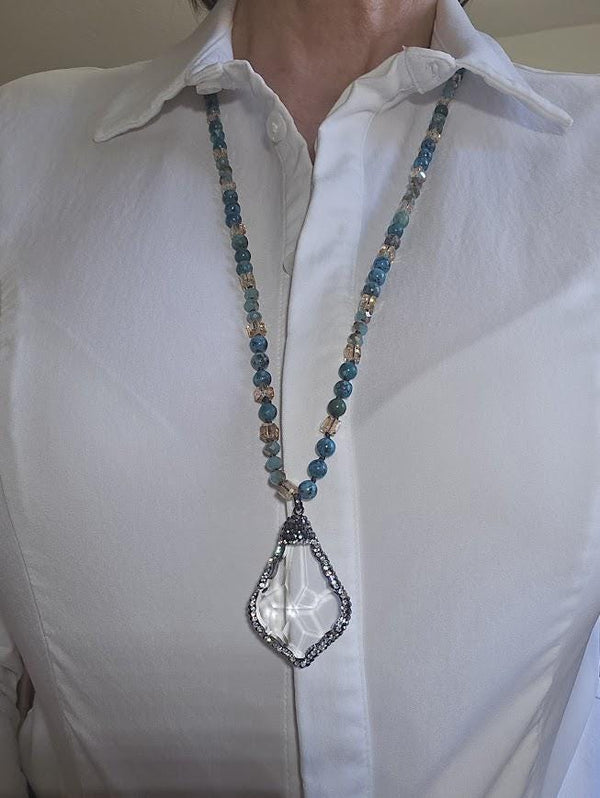 Natural Turquoise Beaded Necklace with Crystal Drop Pendant - Artisan Hand-Knotted Gemstone Jewelry
