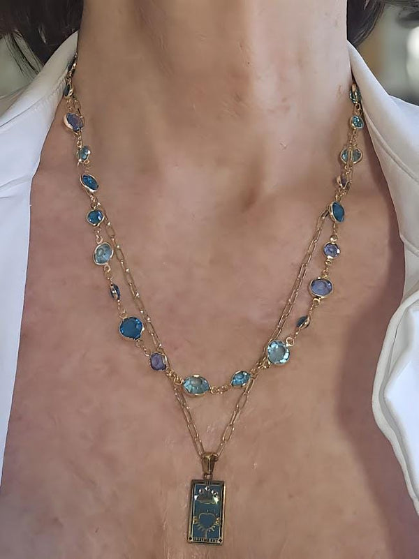 Gold Charm Necklace with Crystals - Gold and Turquoise, Tarot Card Necklace, Gold and Turquoise Jewelry