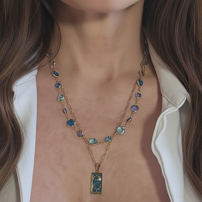 Gold Tarot Card Necklace: Turquoise Crystal Double Strand