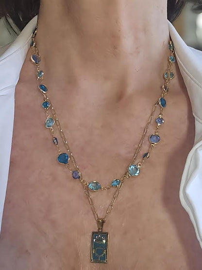 Gold Charm Necklace with Crystals - Gold and Turquoise, Tarot Card Necklace, Gold and Turquoise Jewelry
