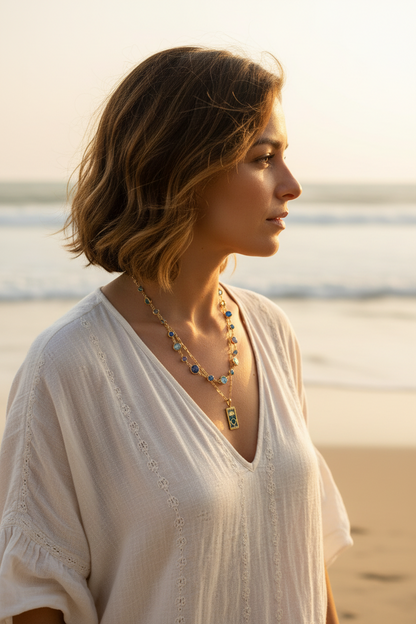 Gold Tarot Card Necklace: Turquoise Crystal Double Strand