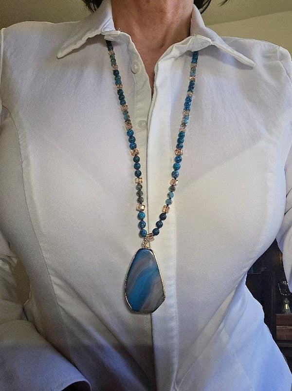 Natural Blue Jasper Beaded Necklace with Sea Glass Drop Pendant - Artisan Hand-Knotted Gemstone Jewelry