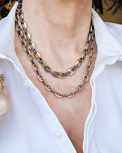 Chunky Mixed Metal Chain Necklace- Customized Jewelry - Layering Necklace, Two Tone Choker Statement Necklace