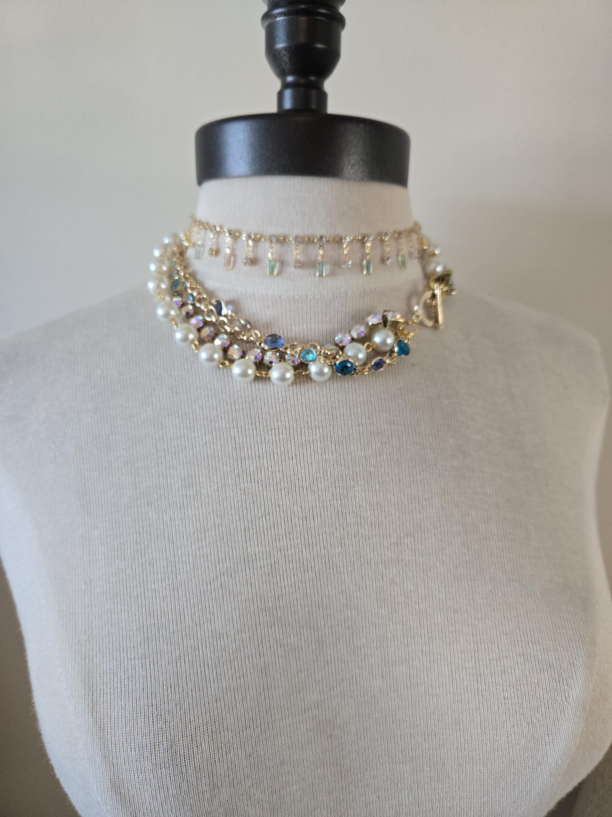 Feminine, Dainty Single Strand Choker with Dangling Crystals -Gold and Turquoise Crystal Necklace, Gold and Turquoise Jewelry - Girly Choker