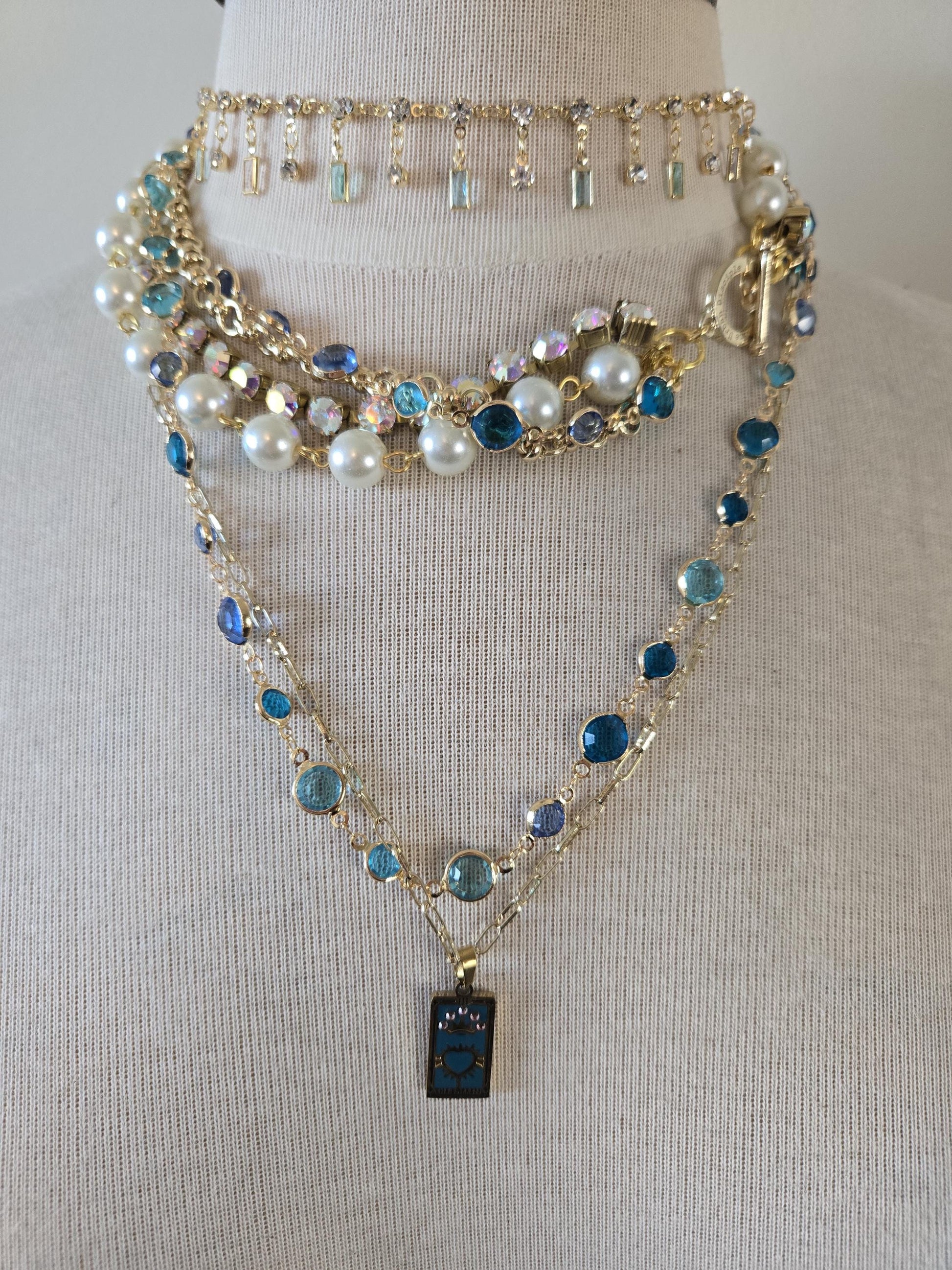 Feminine, Dainty Single Strand Choker with Dangling Crystals -Gold and Turquoise Crystal Necklace, Gold and Turquoise Jewelry - Girly Choker