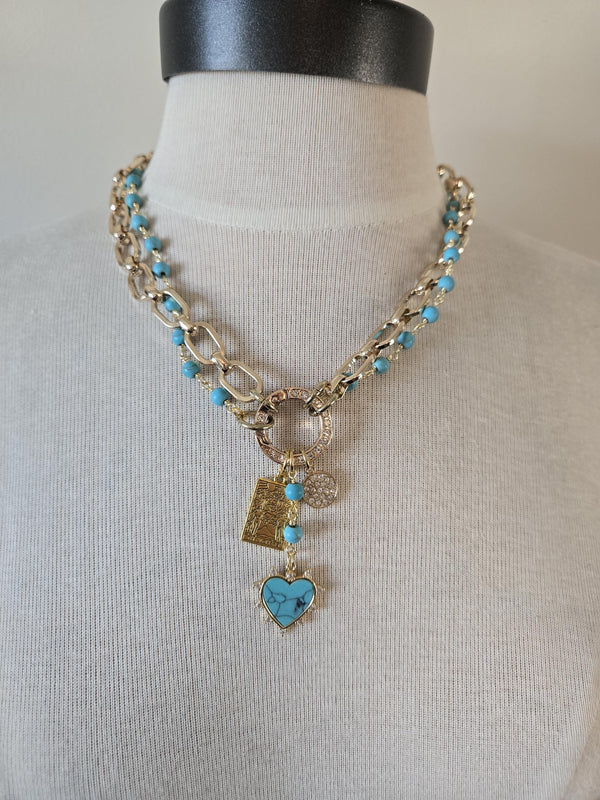 Gold Charm Holder Necklace: Turquoise Beads, 14k Gold Plated Chain
