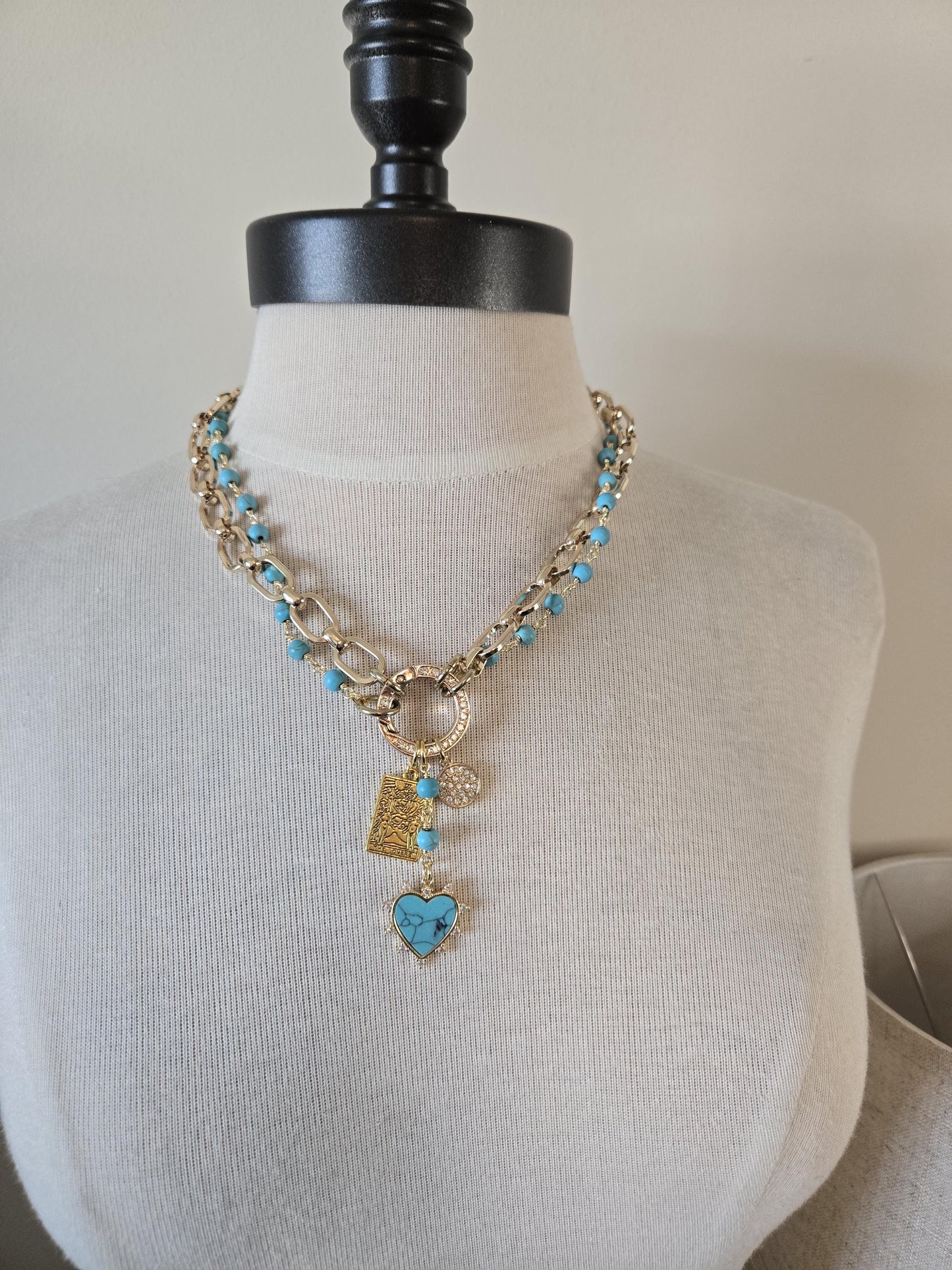Gold Charm Holder Necklace- Genuine Turquoise Necklace, Gold and Turquoise Jewelry