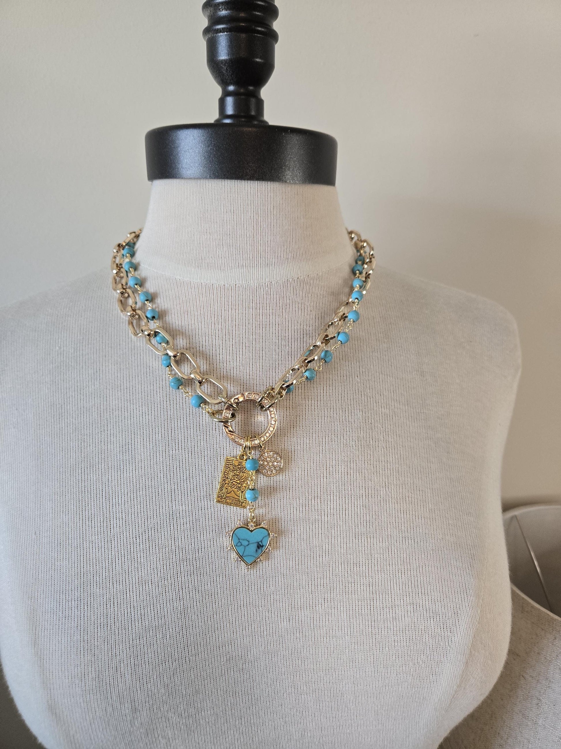 Gold Charm Holder Necklace- Genuine Turquoise Necklace, Gold and Turquoise Jewelry