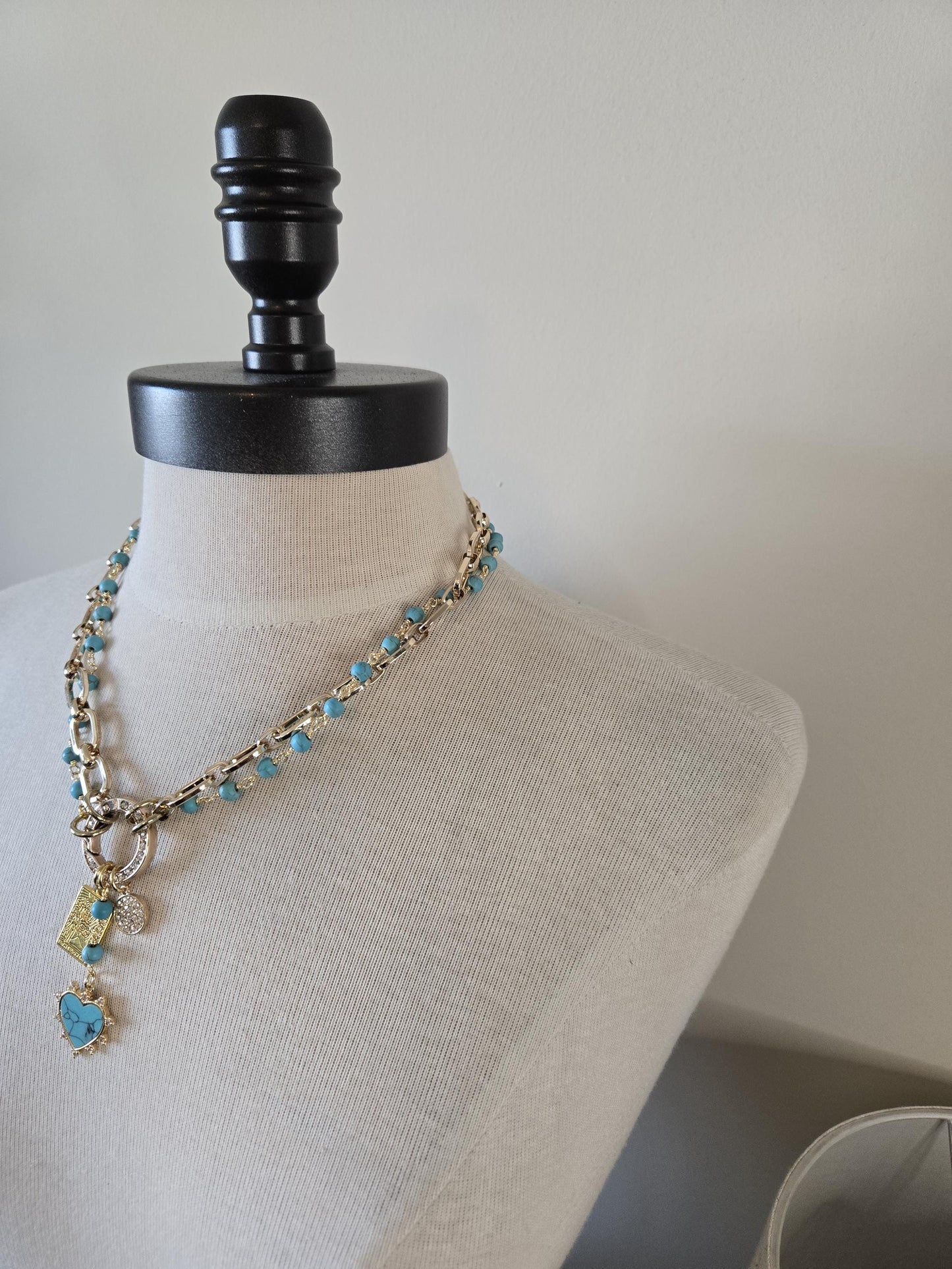 Gold Charm Holder Necklace- Genuine Turquoise Necklace, Gold and Turquoise Jewelry