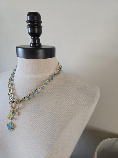 Gold Charm Holder Necklace- Genuine Turquoise Necklace, Gold and Turquoise Jewelry